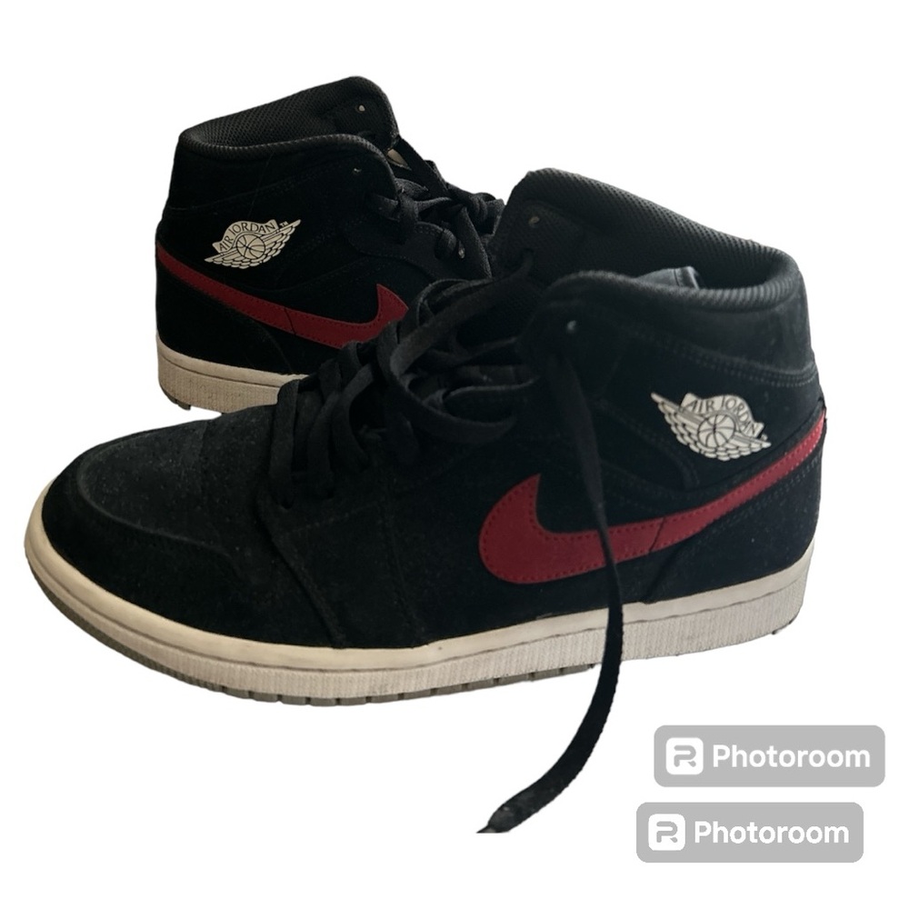 NIKE JORDANS BLACK SUEDE WITH BLUE & RED SWOOSH ON EACH SHOE